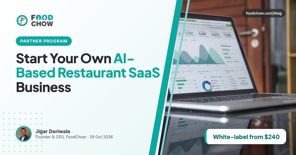 Laptop displaying a restaurant SaaS analytics dashboard for an AI-powered restaurant ordering and POS platform